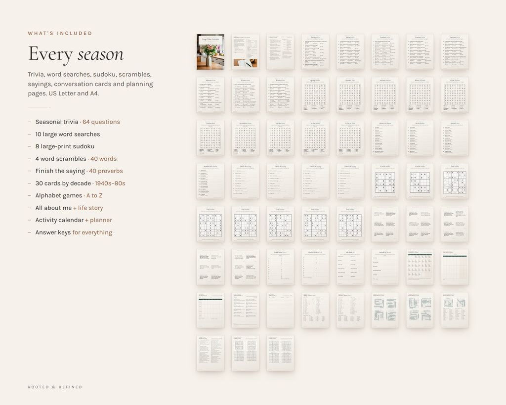 What's included in the Large Print Activities for Seniors printable: an overview of every page in the download