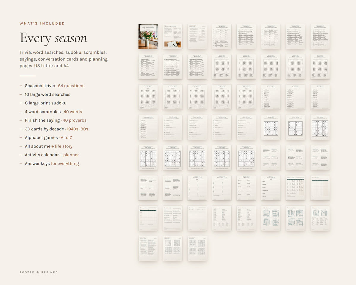 What's included in the Large Print Activities for Seniors printable: an overview of every page in the download