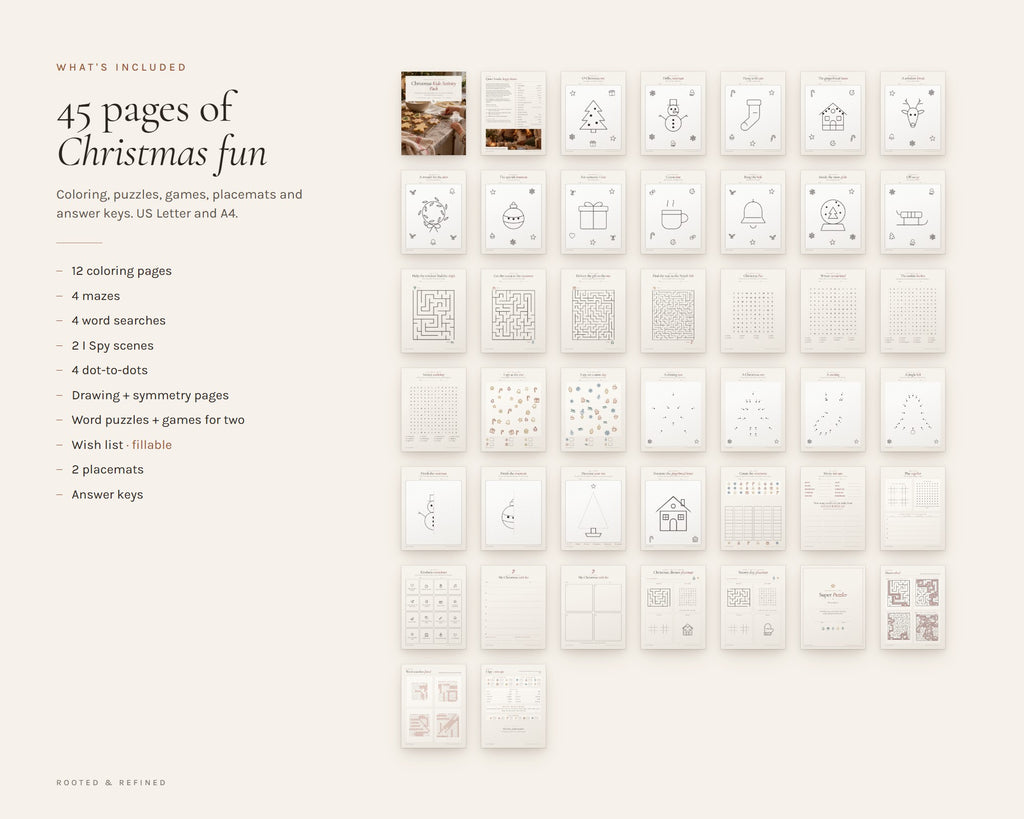What's included in the Christmas Activity Pack for Kids printable: an overview of every page in the download