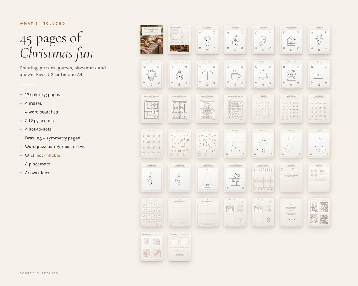 What's included in the Christmas Activity Pack for Kids printable: an overview of every page in the download