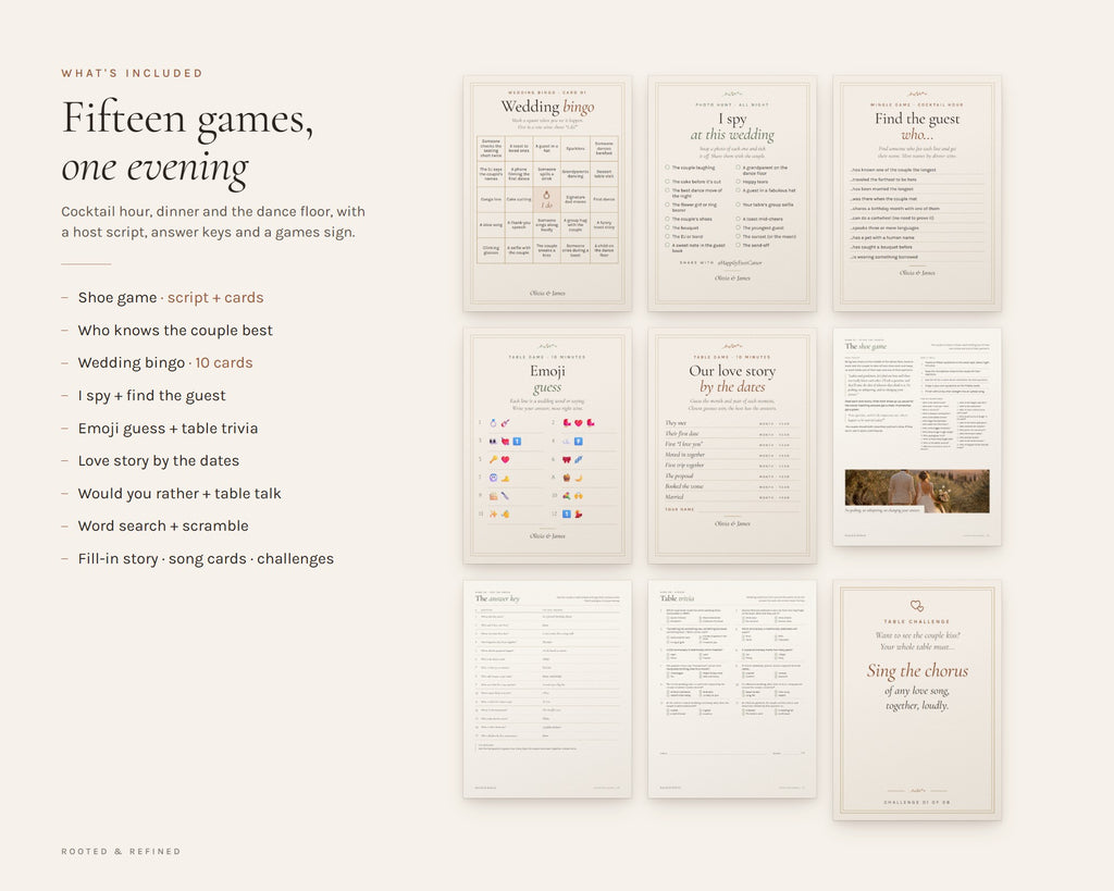 What's included in the Wedding Reception Games Bundle printable: an overview of every page in the download