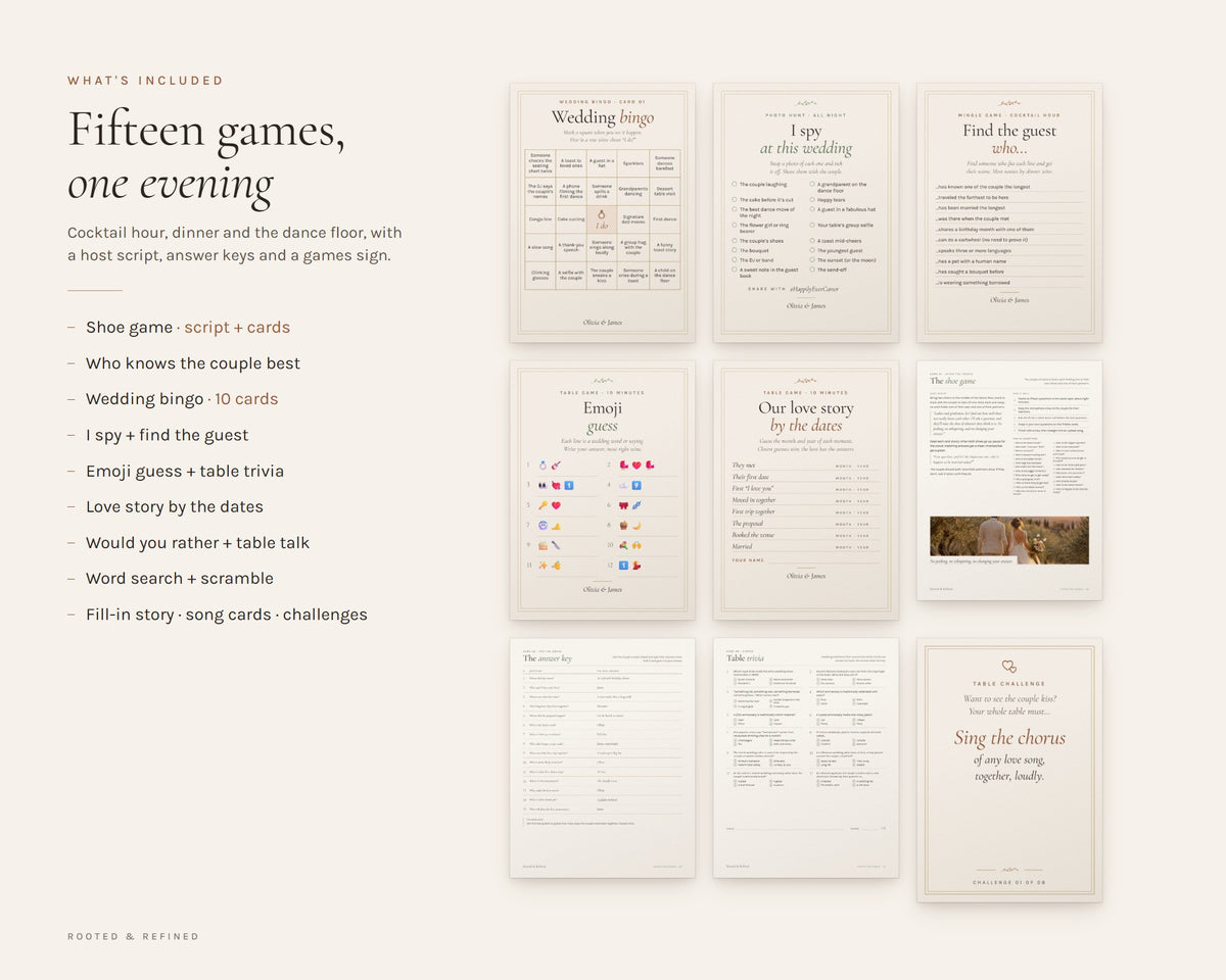 What's included in the Wedding Reception Games Bundle printable: an overview of every page in the download