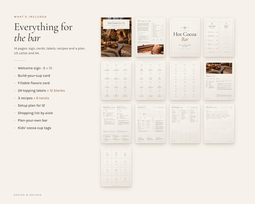 What's included in the Hot Cocoa Bar Kit printable: an overview of every page in the download