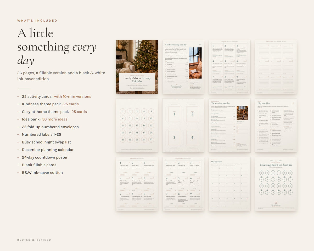 What's included in the Advent Calendar Activity Cards printable: an overview of every page in the download