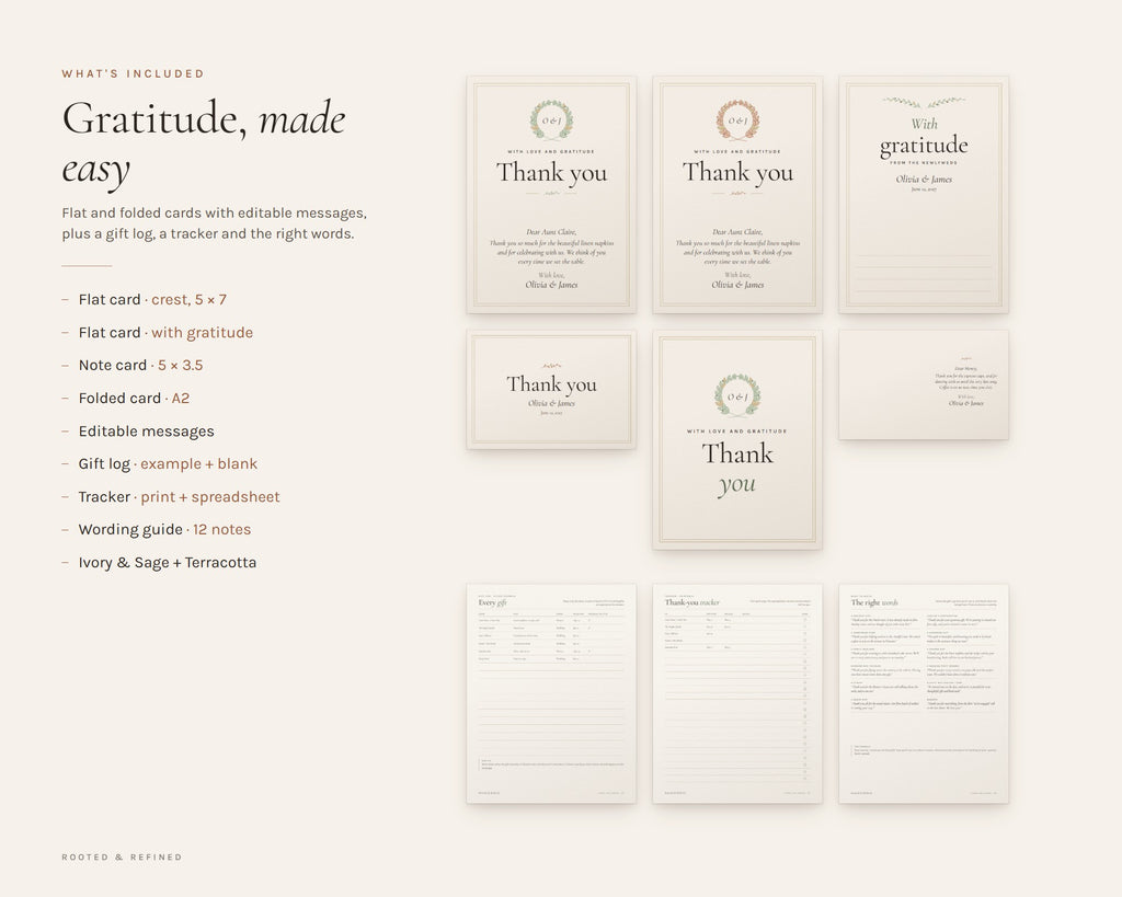 What's included in the Wedding Thank You Cards printable: an overview of every page in the download