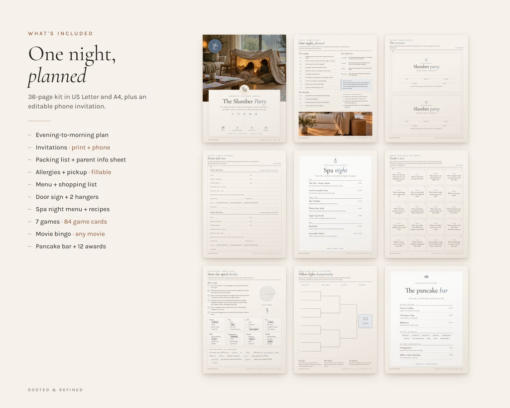 What's included in the Slumber Party Kit for Girls and Boys printable: an overview of every page in the download
