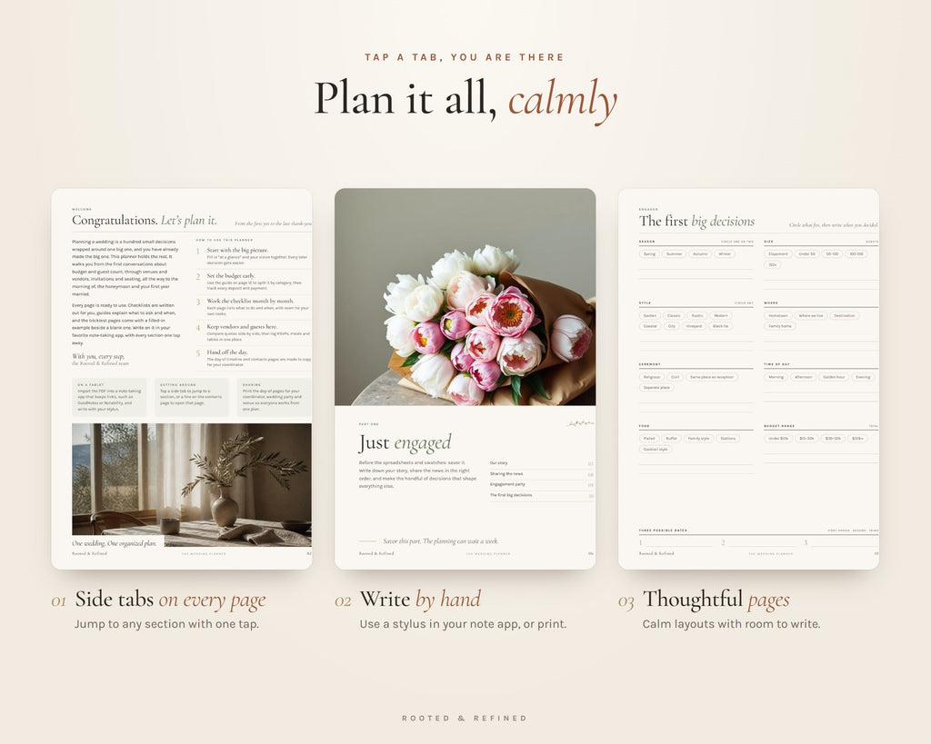 What's included in the Wedding Planner printable: an overview of every page in the download