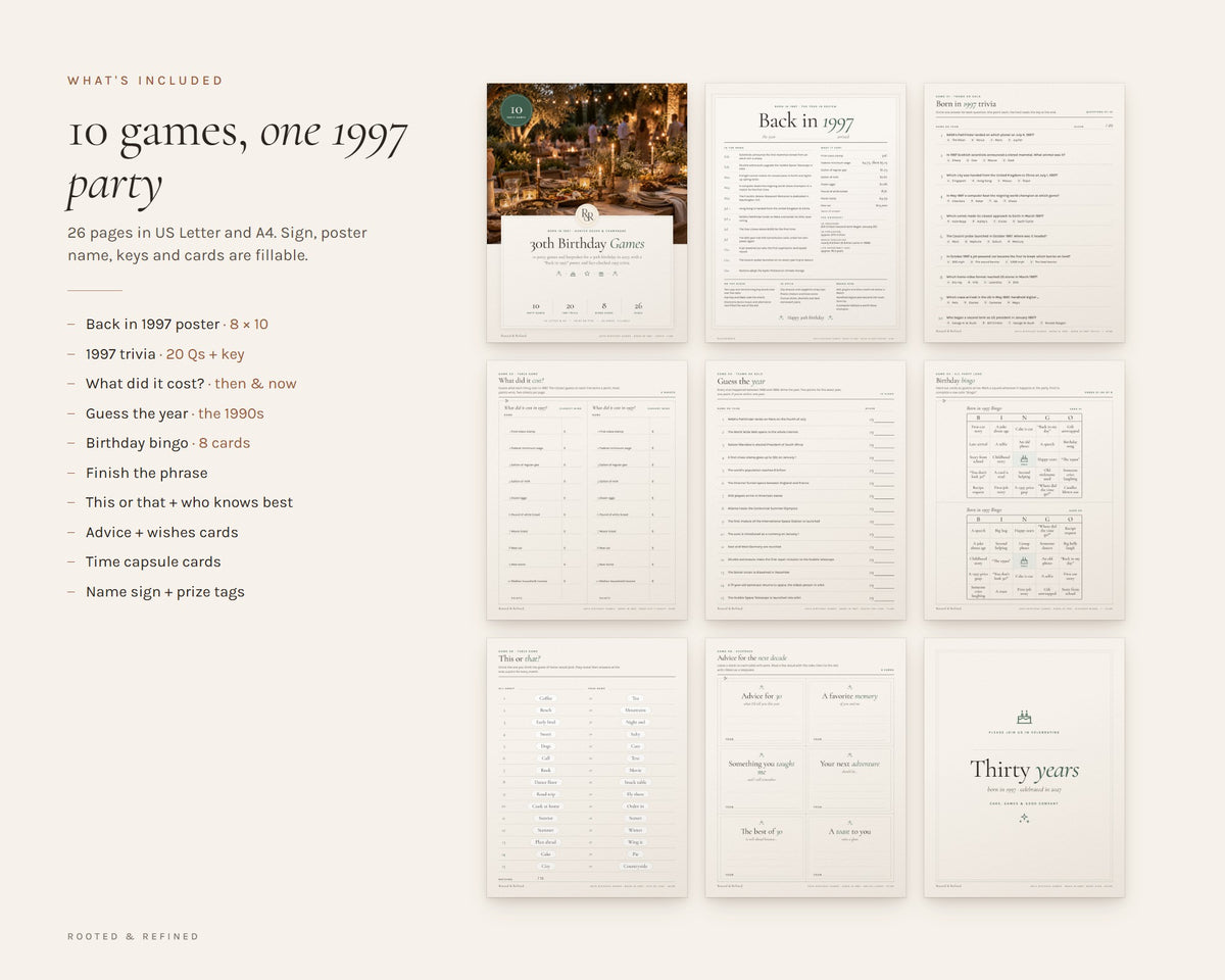 What's included in the 30th Birthday Party Games printable: an overview of every page in the download