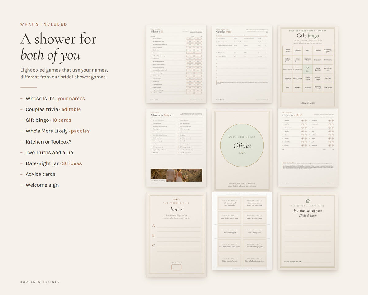 What's included in the Couples Shower Games printable: an overview of every page in the download