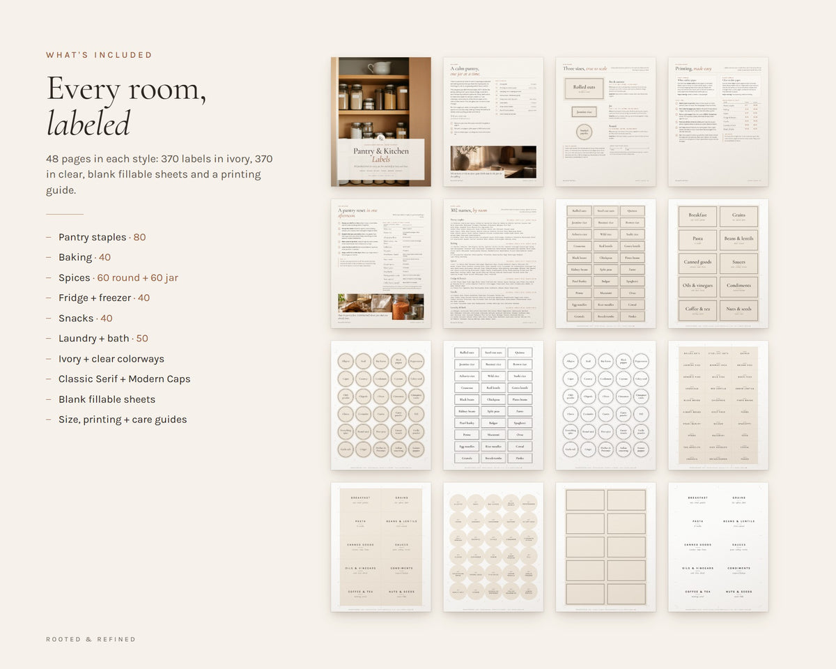 What's included in the Pantry Labels printable: an overview of every page in the download