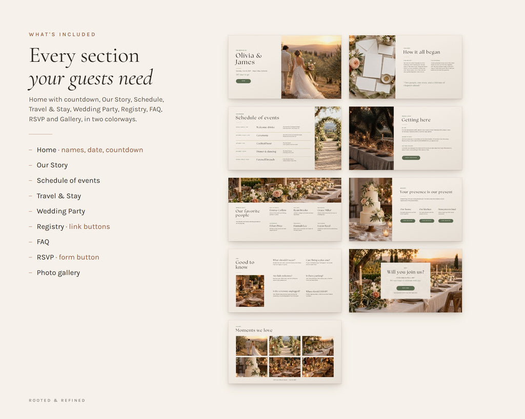 What's included in the Wedding Website Canva Template printable: an overview of every page in the download