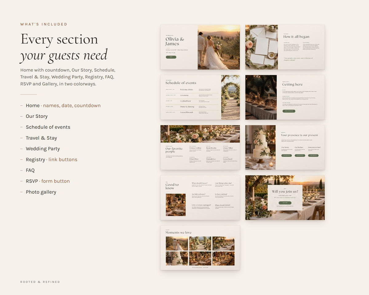 What's included in the Wedding Website Canva Template printable: an overview of every page in the download