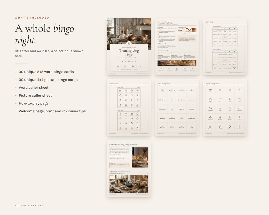 What's included in the Thanksgiving Bingo printable: an overview of every page in the download