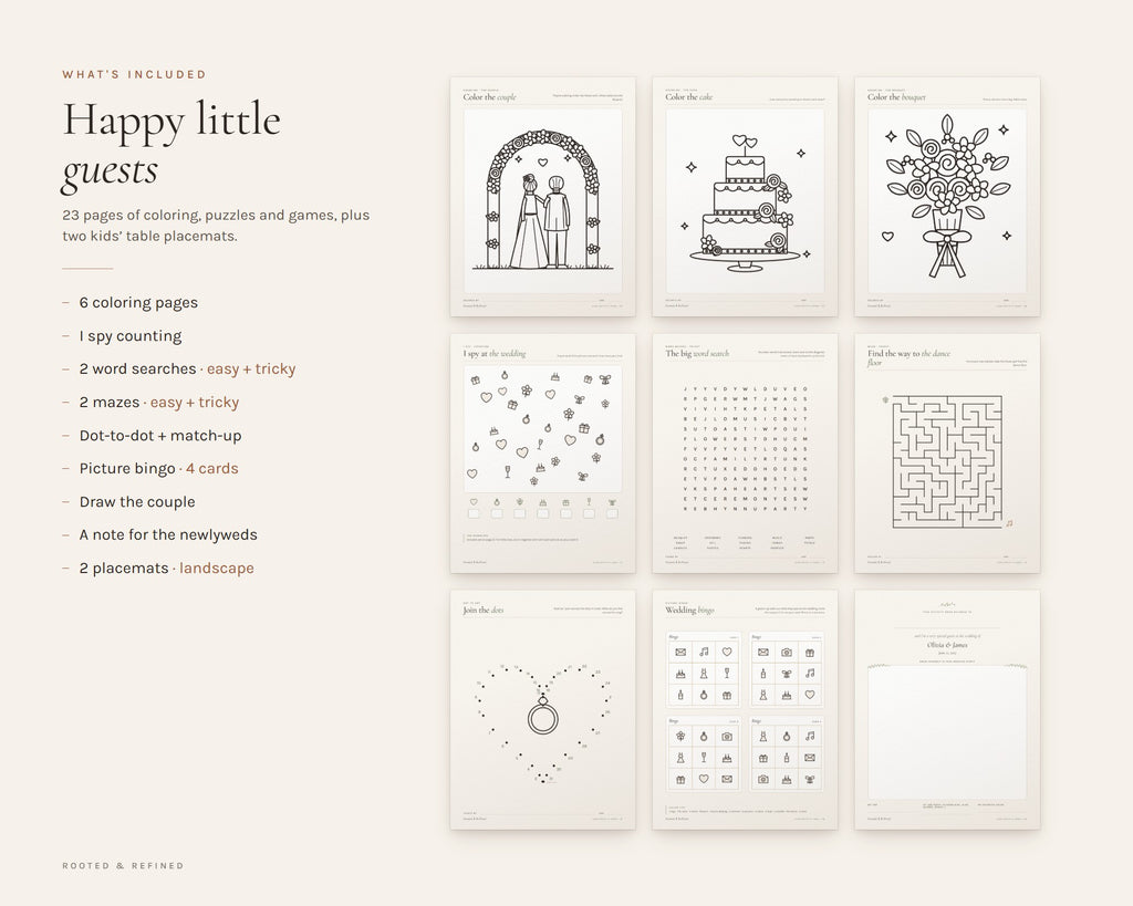 What's included in the Wedding Activity Book for Kids printable: an overview of every page in the download