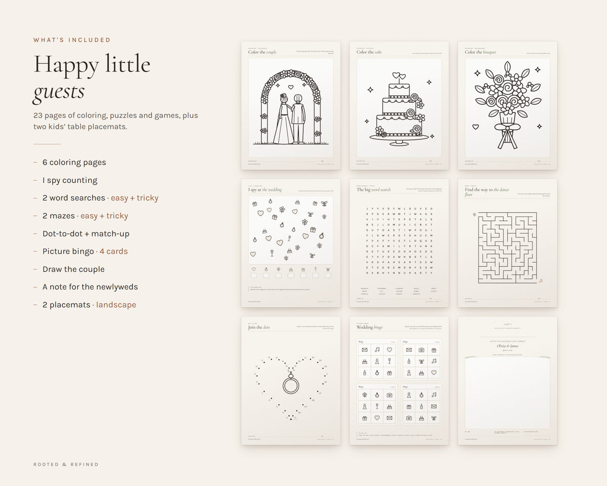 What's included in the Wedding Activity Book for Kids printable: an overview of every page in the download