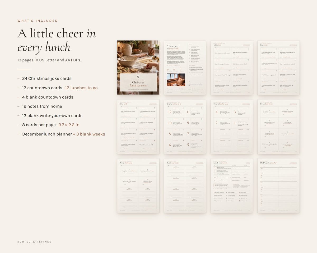 What's included in the Christmas Lunch Box Notes for Kids printable: an overview of every page in the download