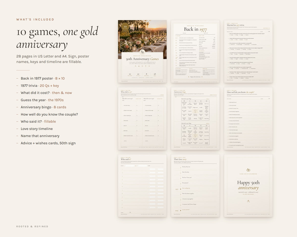 What's included in the 50th Anniversary Party Games printable: an overview of every page in the download
