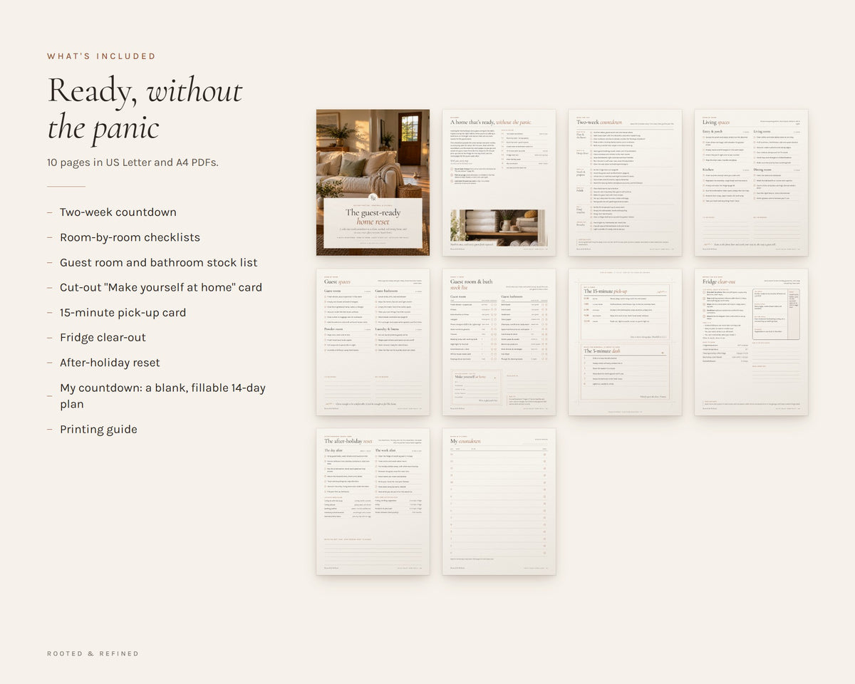 What's included in the Holiday Hosting Checklist printable: an overview of every page in the download