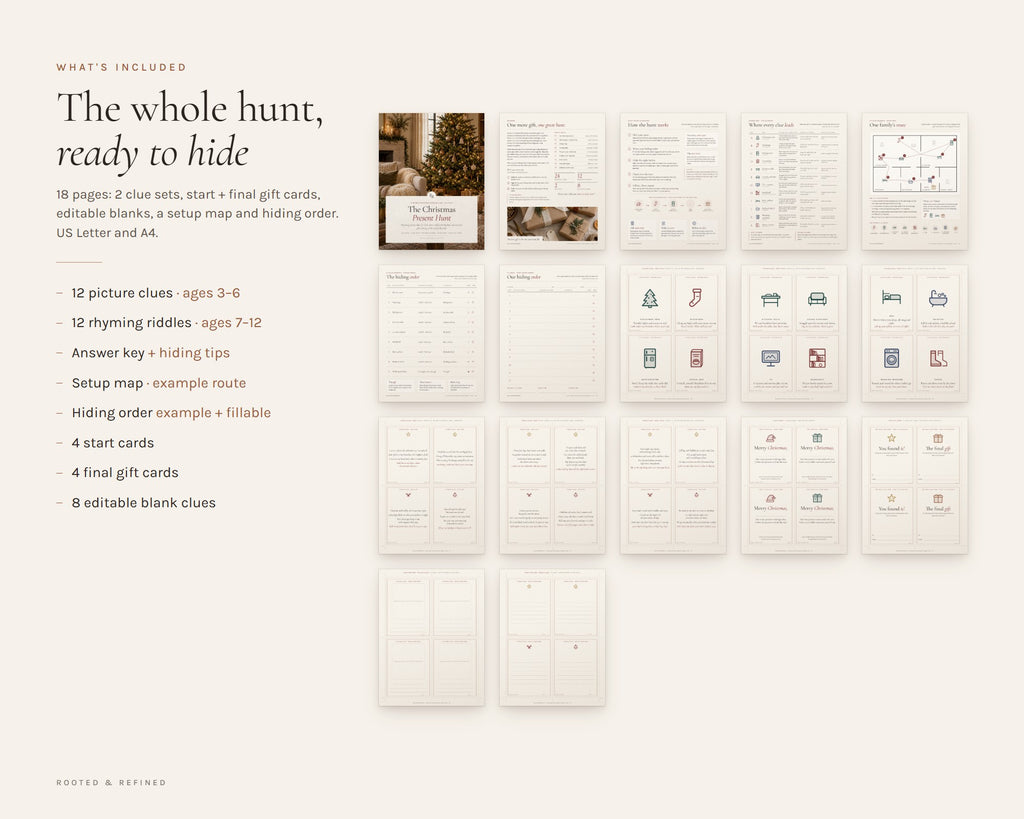What's included in the Christmas Present Scavenger Hunt for Kids printable: an overview of every page in the download