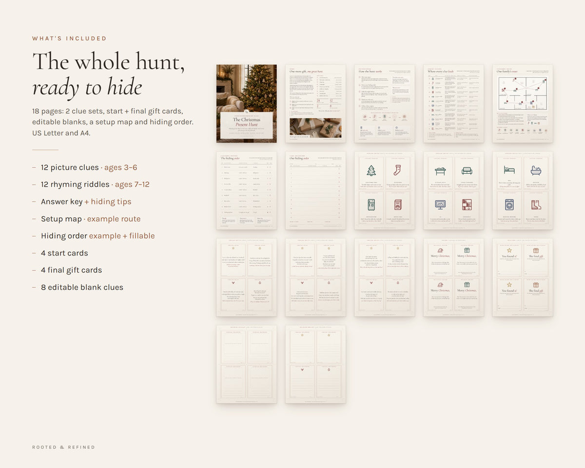 What's included in the Christmas Present Scavenger Hunt for Kids printable: an overview of every page in the download