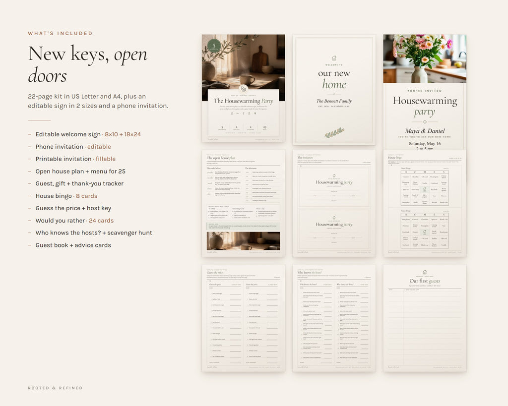 What's included in the Housewarming Party Kit printable: an overview of every page in the download