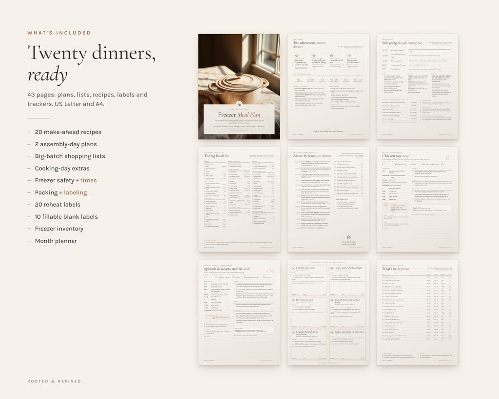What's included in the Freezer Meal Plan printable: an overview of every page in the download