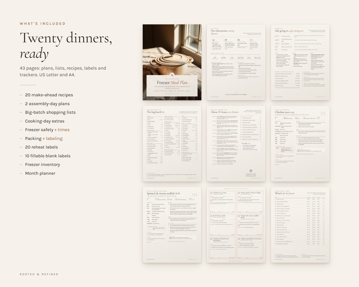 What's included in the Freezer Meal Plan printable: an overview of every page in the download