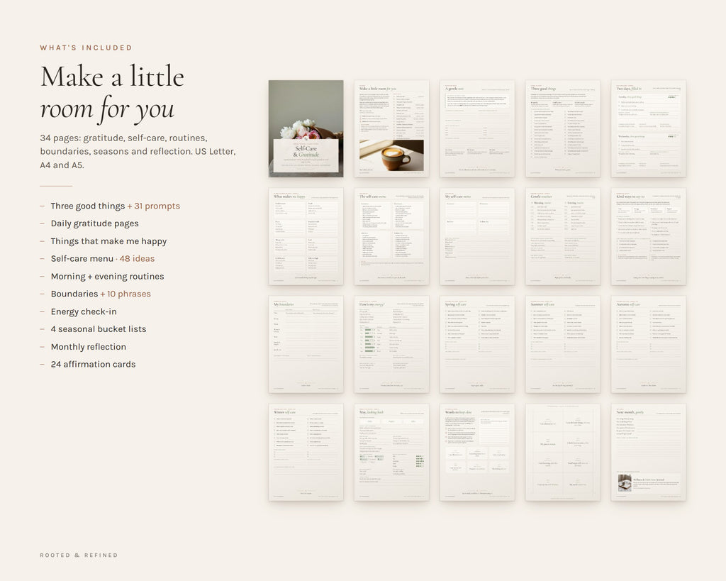 What's included in the Self Care Journal printable: an overview of every page in the download