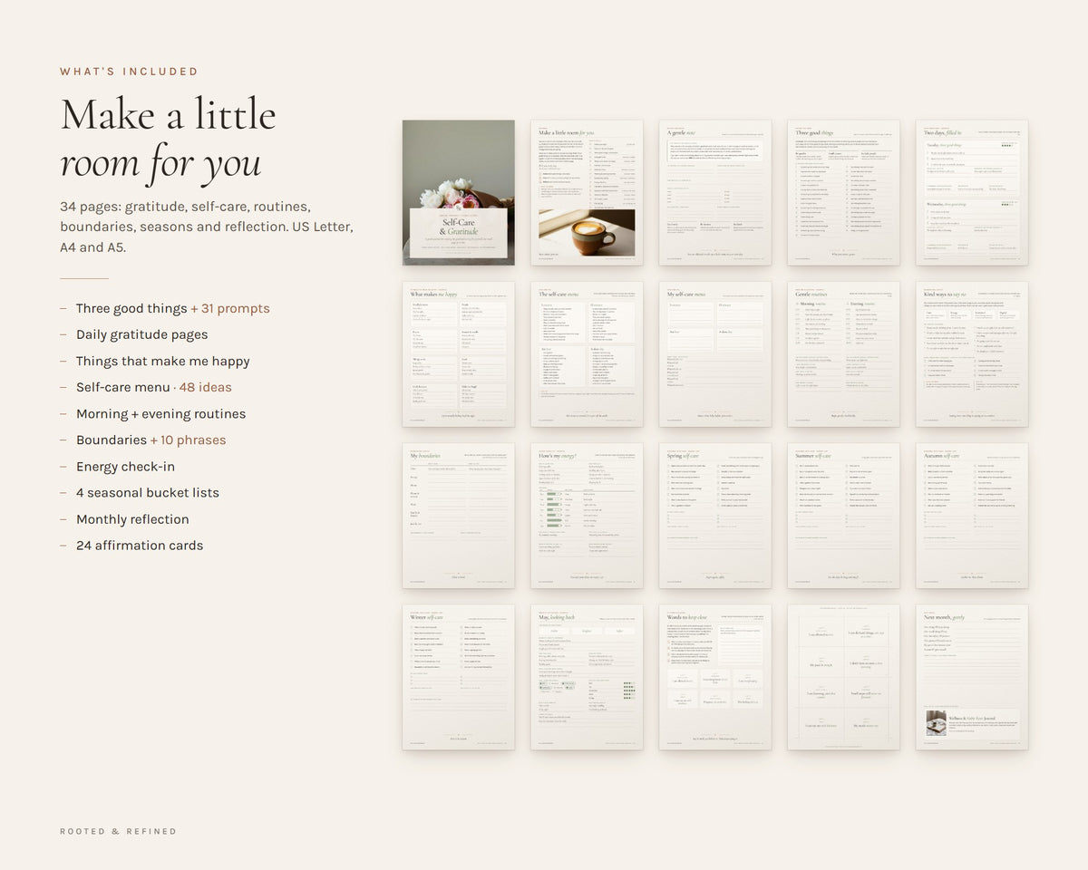 What's included in the Self Care Journal printable: an overview of every page in the download