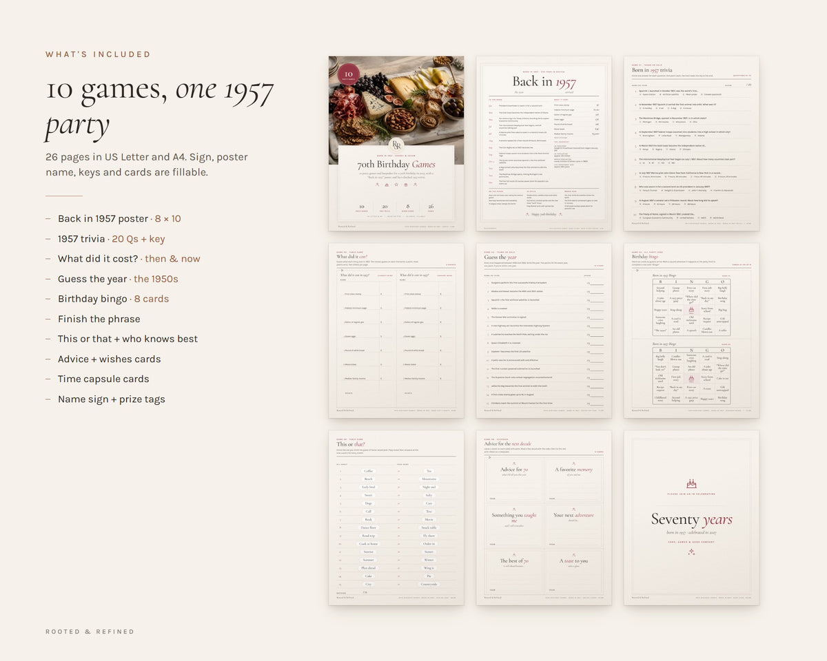 What's included in the 70th Birthday Party Games printable: an overview of every page in the download