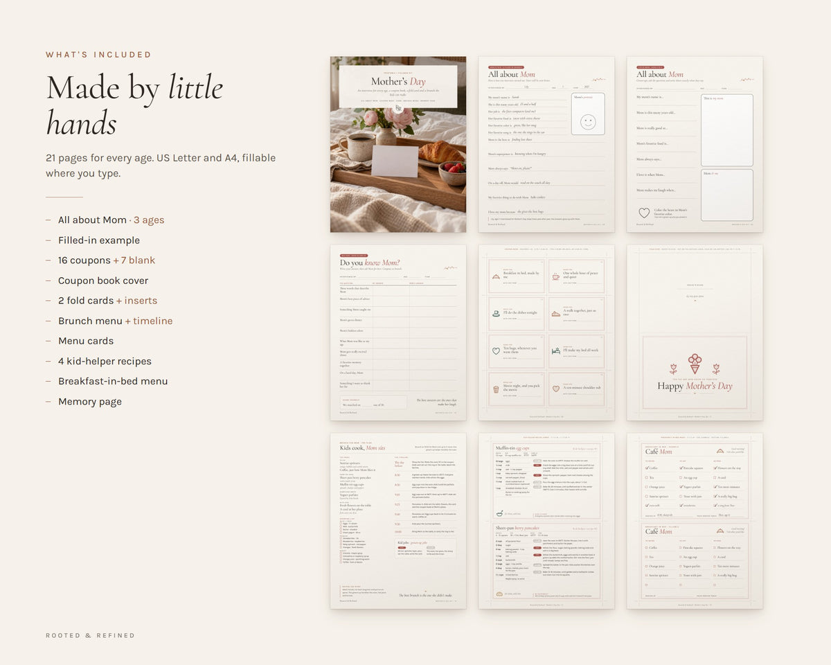What's included in the Mother's Day Kit printable: an overview of every page in the download