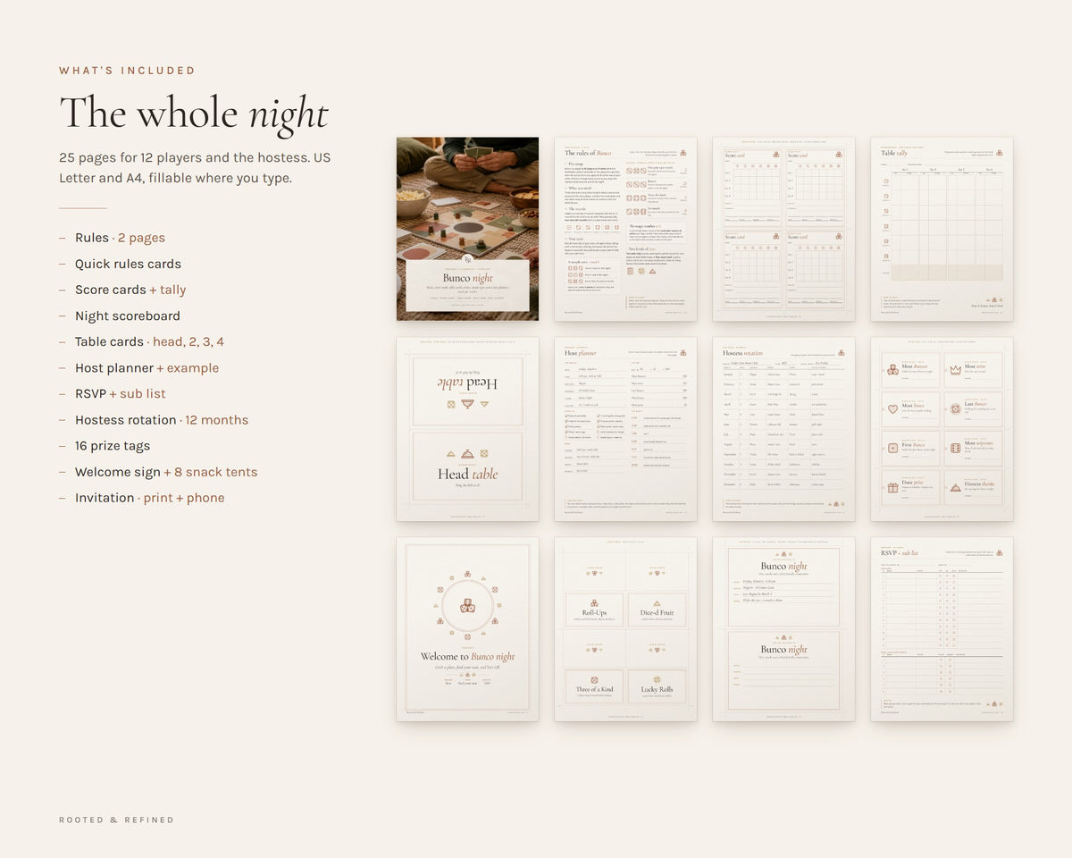 What's included in the Bunco Night Kit printable: an overview of every page in the download