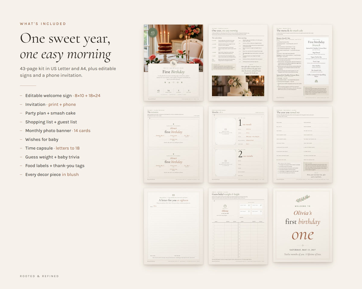 What's included in the First Birthday Party Kit printable: an overview of every page in the download