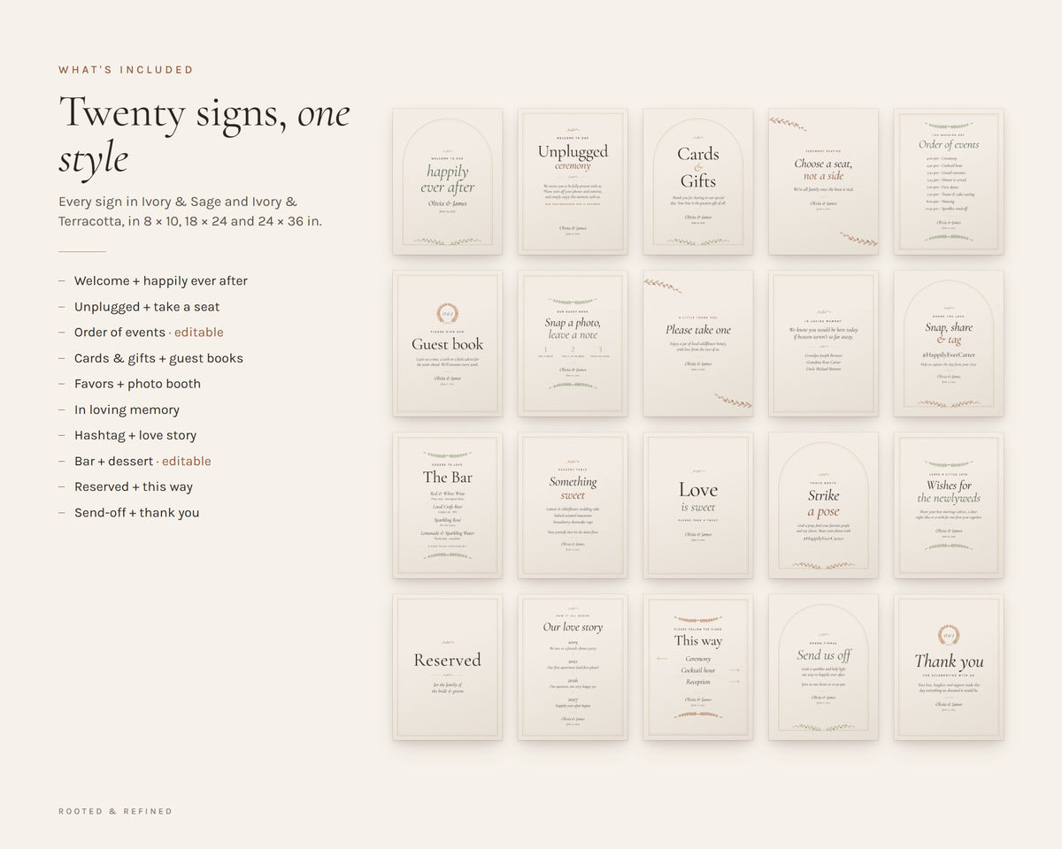 What's included in the Wedding Sign Bundle (20 Signs) printable: an overview of every page in the download