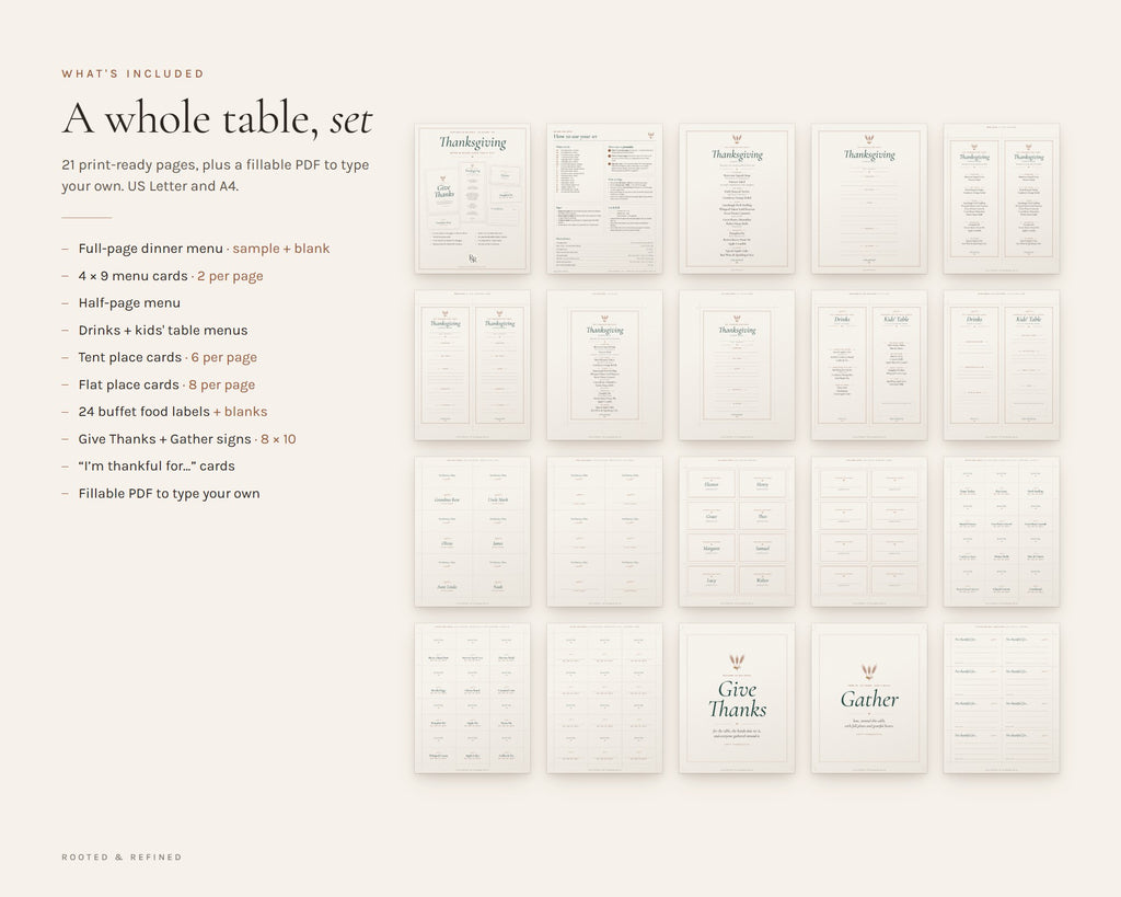 What's included in the Thanksgiving Menu and Place Cards printable: an overview of every page in the download