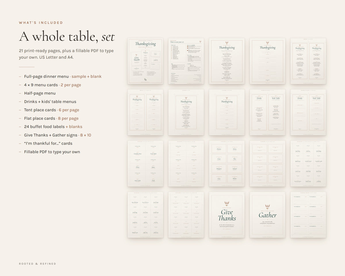 What's included in the Thanksgiving Menu and Place Cards printable: an overview of every page in the download
