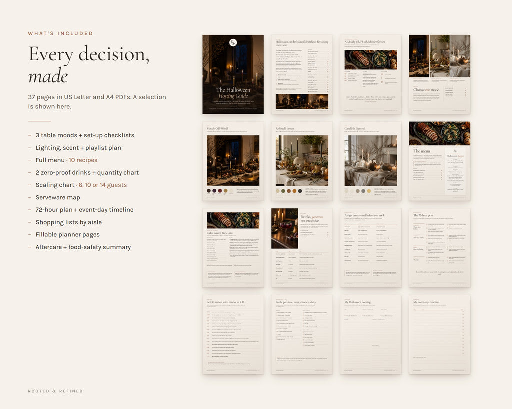 What's included in the The Halloween Hosting Guide printable: an overview of every page in the download