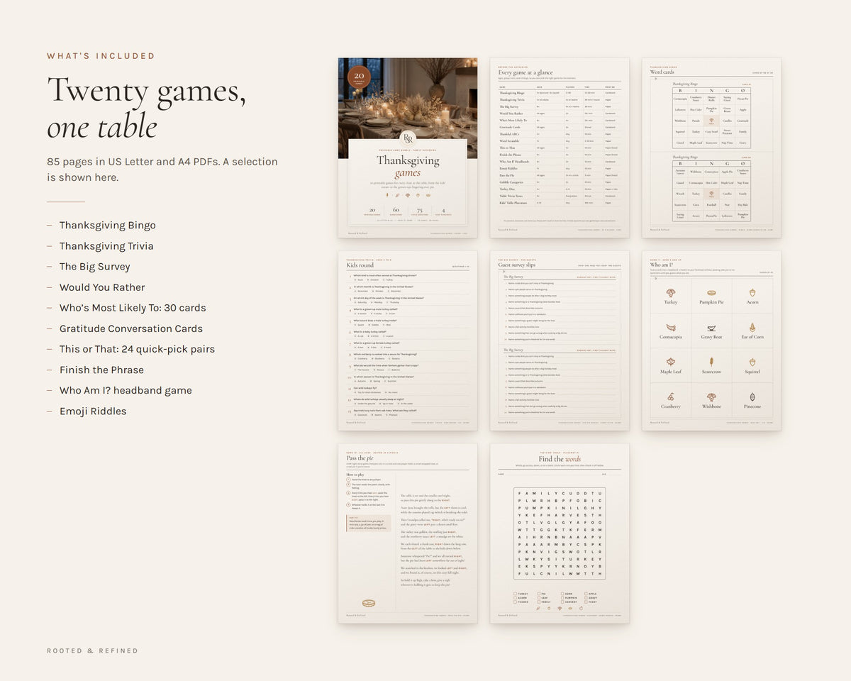 What's included in the Thanksgiving Games Bundle printable: an overview of every page in the download
