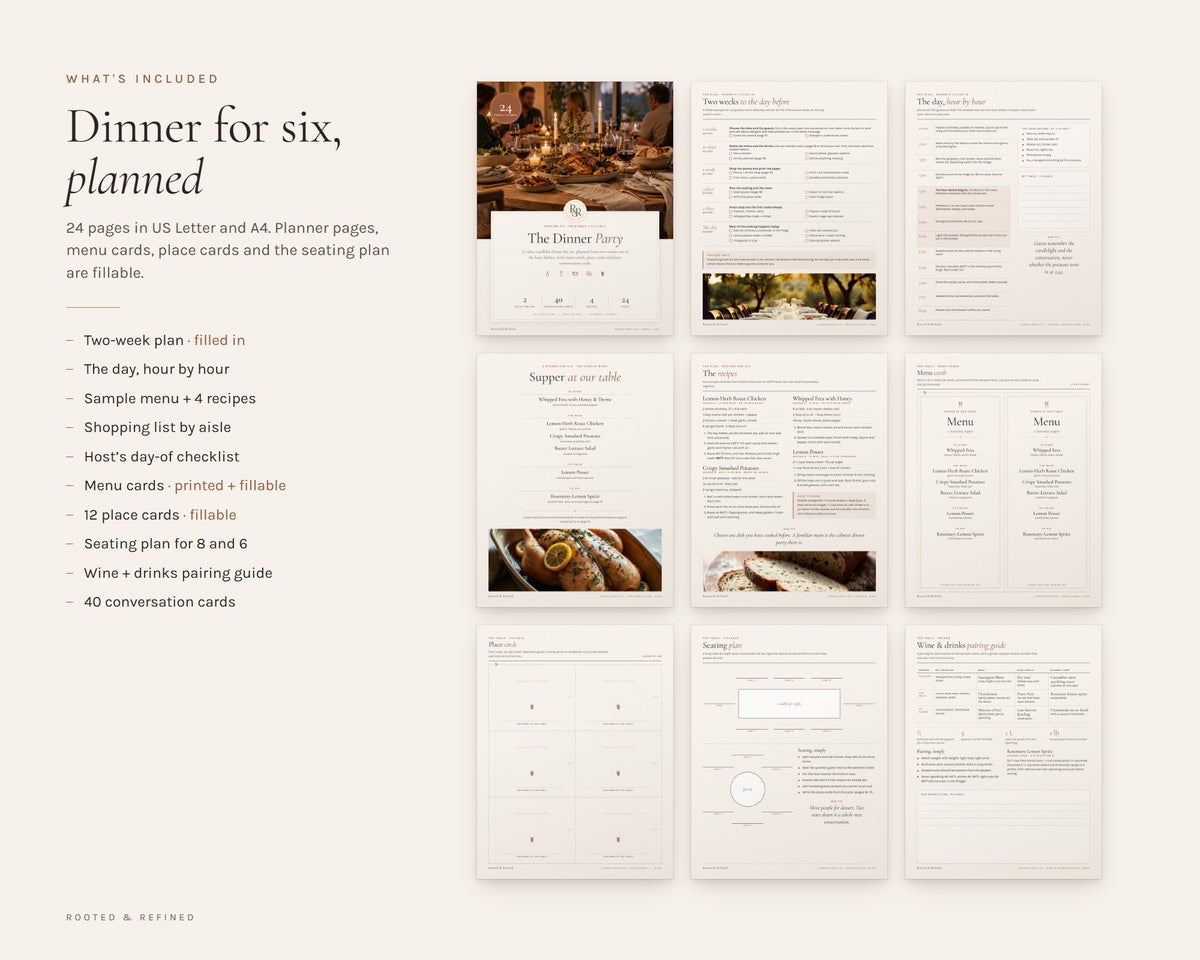 What's included in the Dinner Party Kit printable: an overview of every page in the download