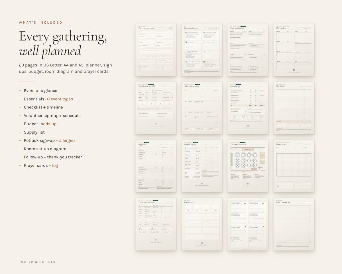 What's included in the Church Event Planner printable: an overview of every page in the download