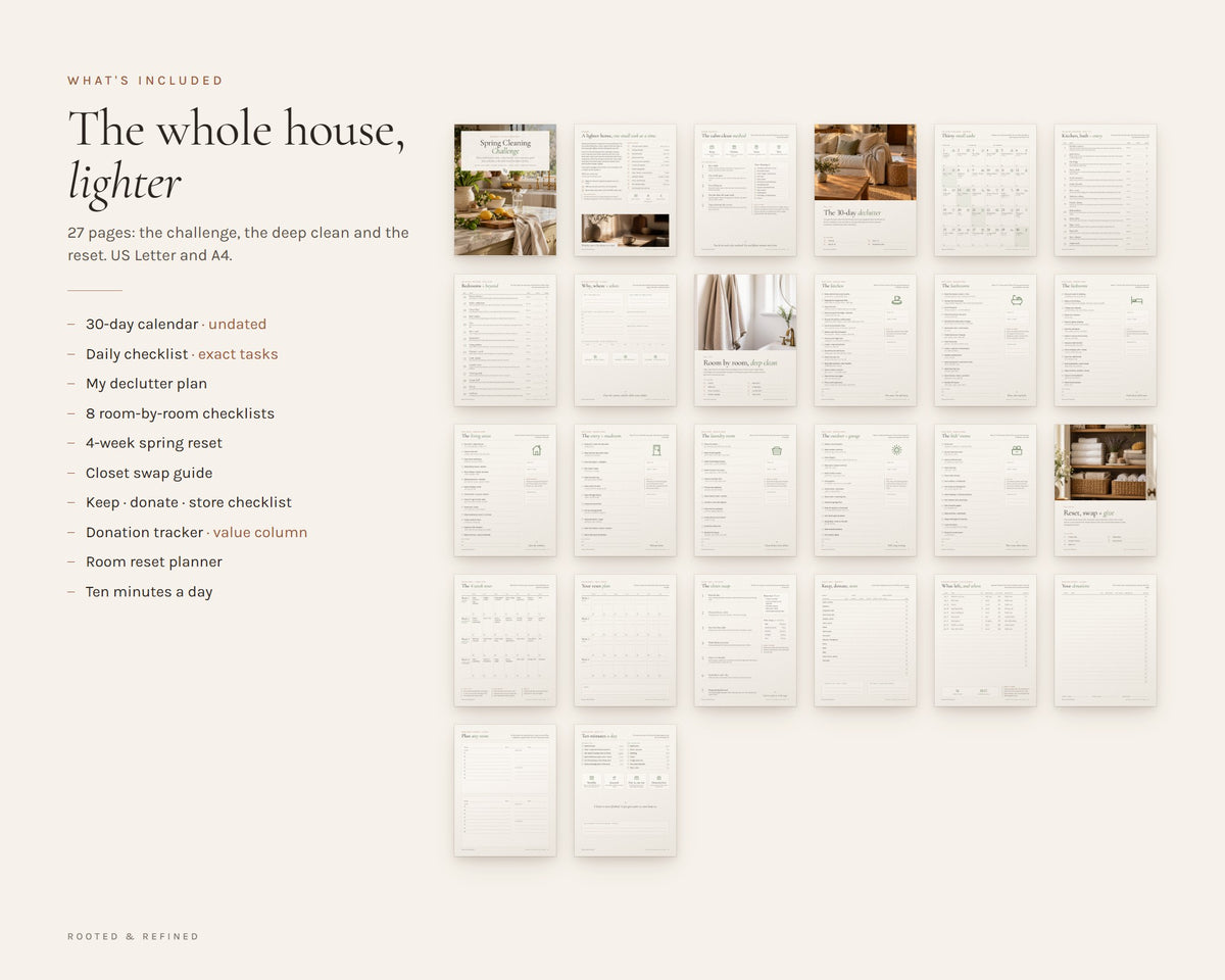 What's included in the Spring Cleaning Checklist printable: an overview of every page in the download