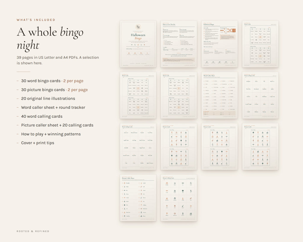 What's included in the Halloween Bingo printable: an overview of every page in the download
