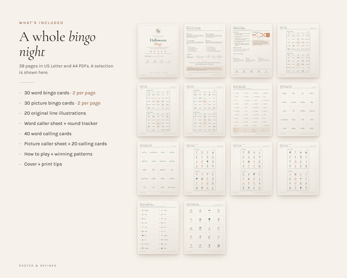 What's included in the Halloween Bingo printable: an overview of every page in the download