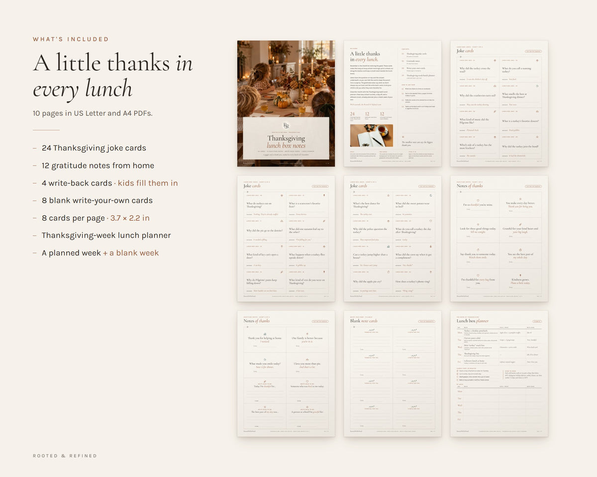 What's included in the Thanksgiving Lunch Box Notes for Kids printable: an overview of every page in the download