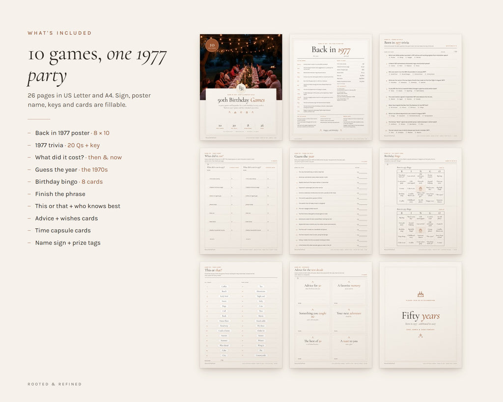 What's included in the 50th Birthday Party Games printable: an overview of every page in the download