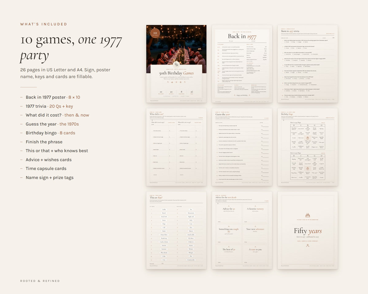 What's included in the 50th Birthday Party Games printable: an overview of every page in the download