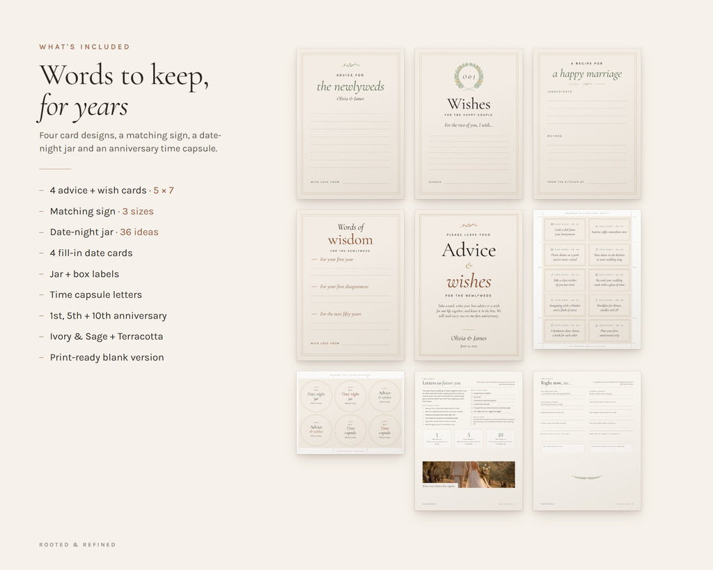 What's included in the Wedding Advice Cards printable: an overview of every page in the download