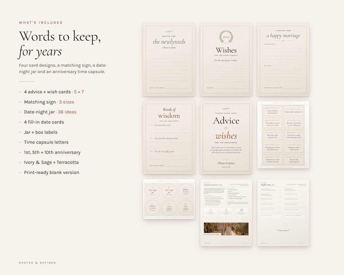 What's included in the Wedding Advice Cards printable: an overview of every page in the download
