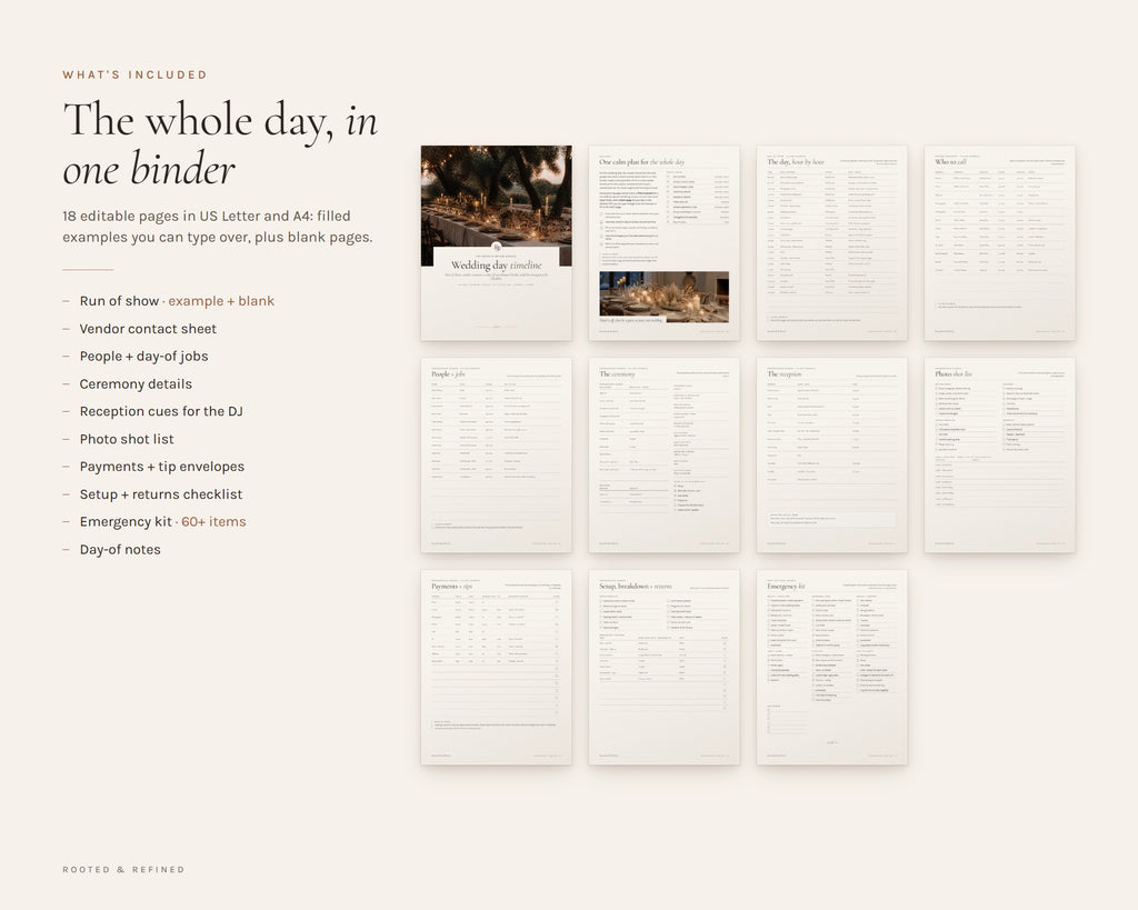 What's included in the Wedding Day Timeline printable: an overview of every page in the download
