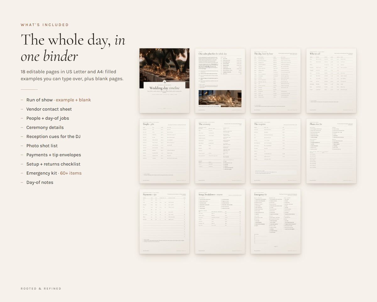 What's included in the Wedding Day Timeline printable: an overview of every page in the download